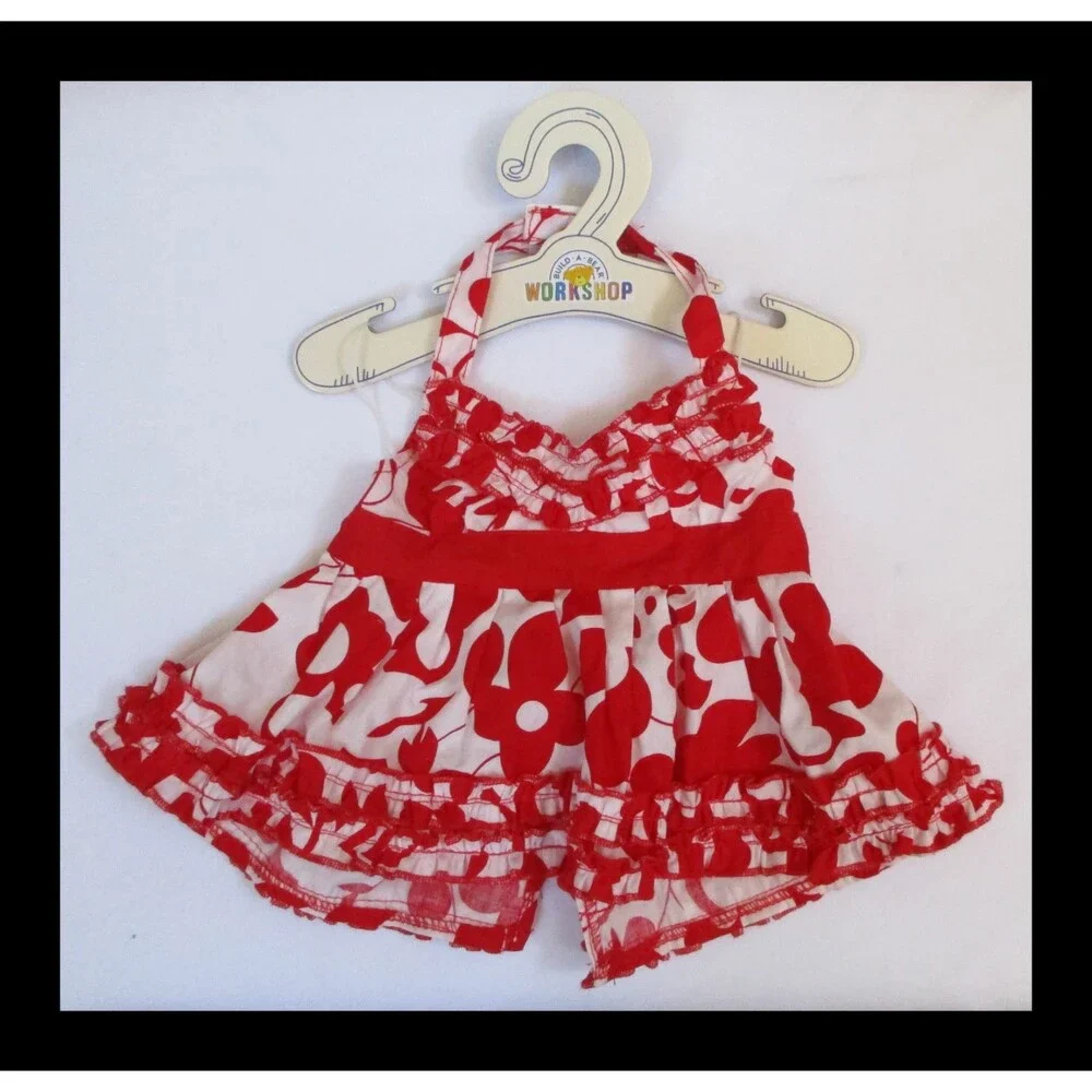 Build A Bear Workshop Red & White Pinafore Dress Flower Print with Hanger